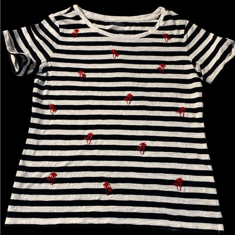 Talbots T Shirt Women's Size Small Black White Stripe Embroidery Palm Tree
